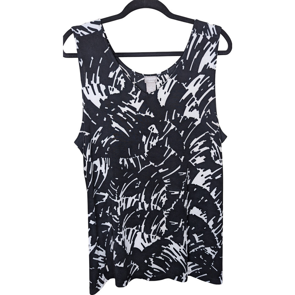 CHICO'S Women's Sleeveless V-Neck Blouse, Stretchy, Black/White, Size 3